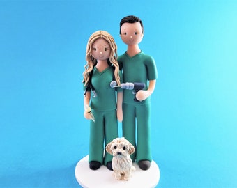 Doctors with a Dog Personalized Bride & Groom Wedding Cake Topper - By MUDCARDS