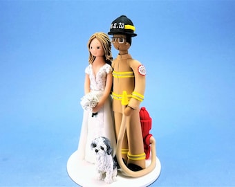 Bride & Groom with a Dog Custom Firefighter Wedding Cake Topper - By MUDCARDS