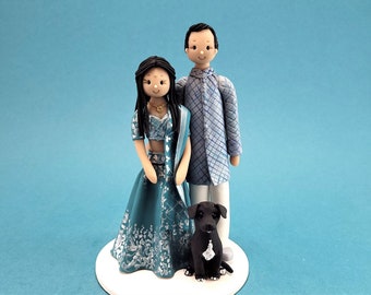 Indian Couple with a Dog Personalized Wedding Cake Topper - By MUDCARDS