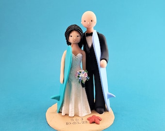 Bride & Groom with Surfboards Custom Made Beach Theme Wedding Cake Topper - By MUDCARDS