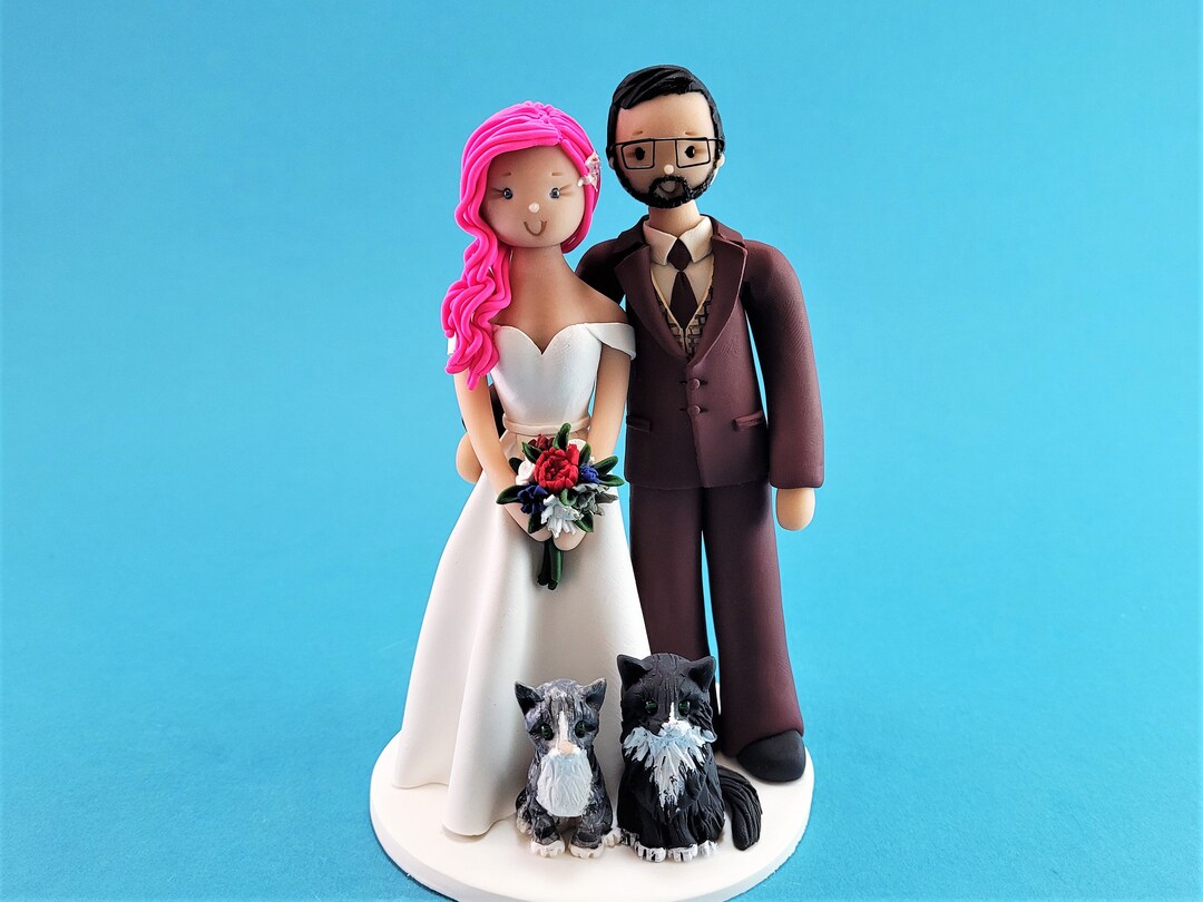 Bride & Groom With Cats Custom Made Wedding Cake Topper by MUDCARDS - Etsy
