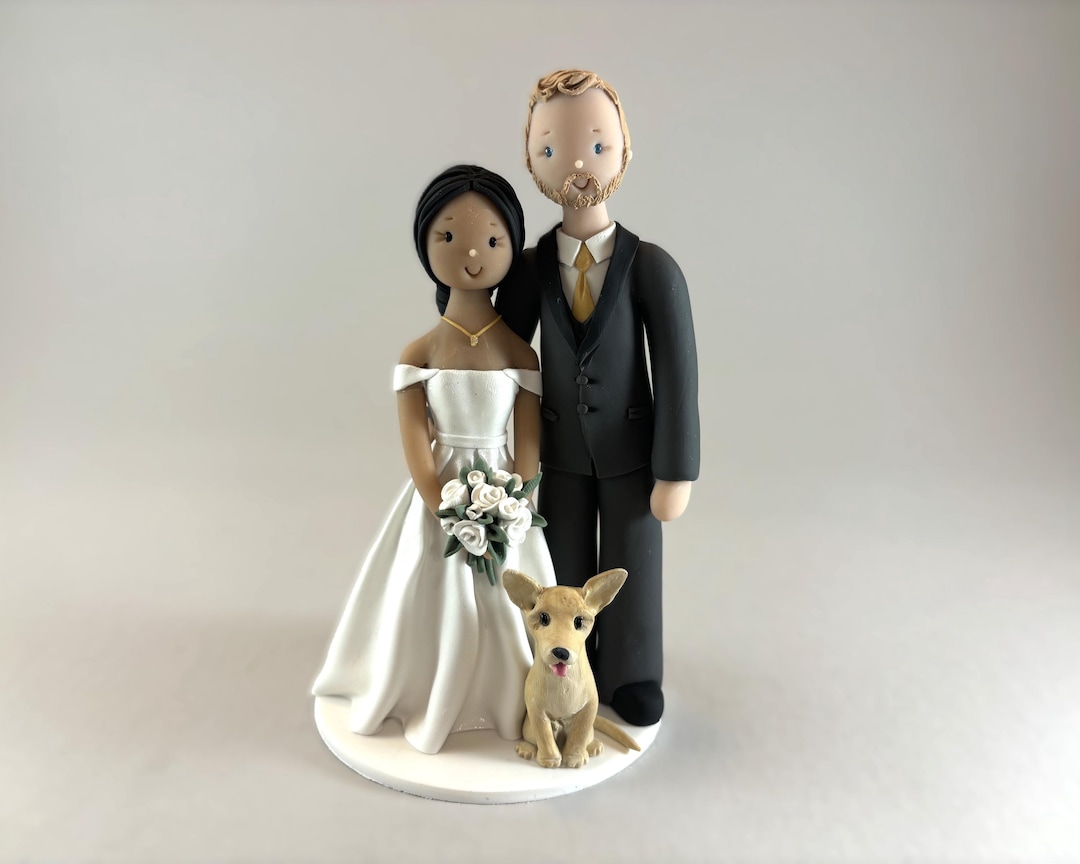 Wedding Cake Topper - Bride and Groom With Dog Personalized Figurines ...