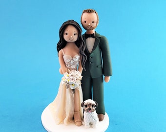 Bride & Groom with a Dog Customized Wedding Cake Topper - By MUDCARDS