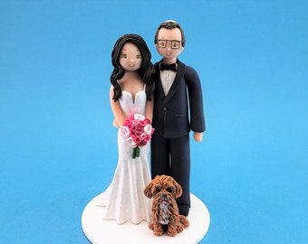 Bride & Groom with a Dog Custom Made Wedding Cake Topper - By MUDCARDS