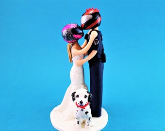 Bikers with a Dog Personalized Bride & Groom Wedding Cake Topper - By MUDCARDS