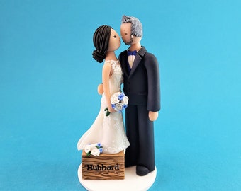 Short Bride Kissing Tall Groom Personalized Wedding Cake Topper - By MUDCARDS