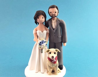 Bride & Groom with a Dog Custom Handmade Wedding Cake Topper - By MUDCARDS