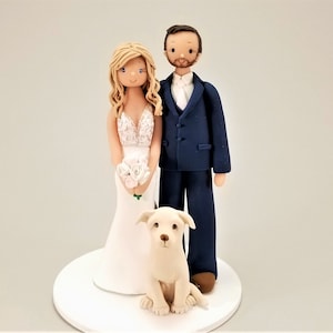 Bride & Groom with a Dog Custom Handmade Wedding Cake Topper By MUDCARDS