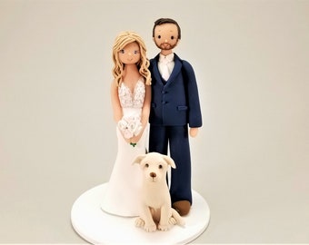 Bride & Groom with a Dog Custom Handmade Wedding Cake Topper By MUDCARDS