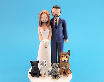 Bride & Groom with Pets Customized Wedding Cake Topper - By MUDCARDS