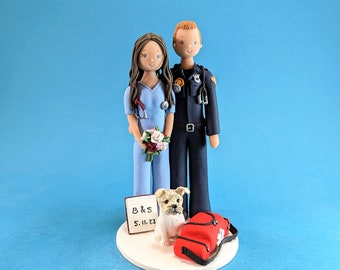 Doctor & Medic with a Dog Personalized Bride and Groom Wedding Cake Topper - By MUDCARDS