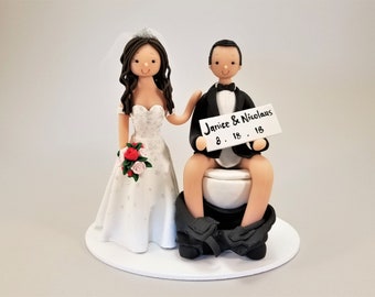 Bride & Groom Sitting on Toilet Customized Wedding Cake Topper - by MUDCARDS