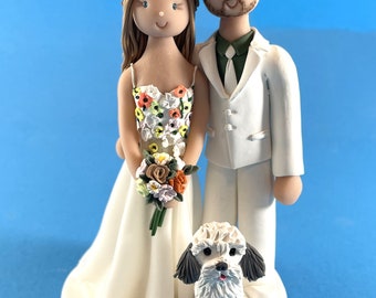 custom wedding cake topper - bride and groom with dog handmade figurines
