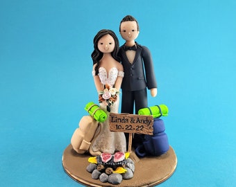 Backpackers By The Campfire Personalized Bride & Groom Hiking Theme Wedding Cake Topper - By MUDCARDS