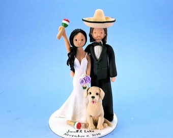 Bride & Groom with a Dog Customized Mexican Theme Wedding Cake Topper - By MUDCARDS