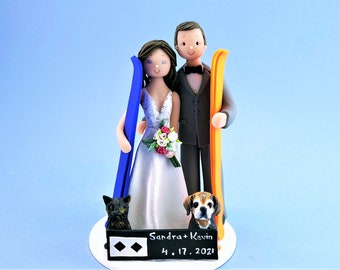 Bride & Groom with Pets Customized Snowboard/ Ski Theme Wedding Cake Topper - By MUDCARDS
