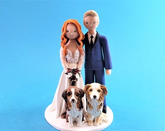 Bride & Groom with Australian Shepherds Custom Handmade Wedding Cake Topper - By MUDCARDS