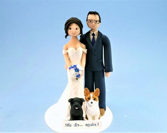 Bride & Groom with Dogs Custom Handmade Wedding Cake Topper - By MUDCARDS