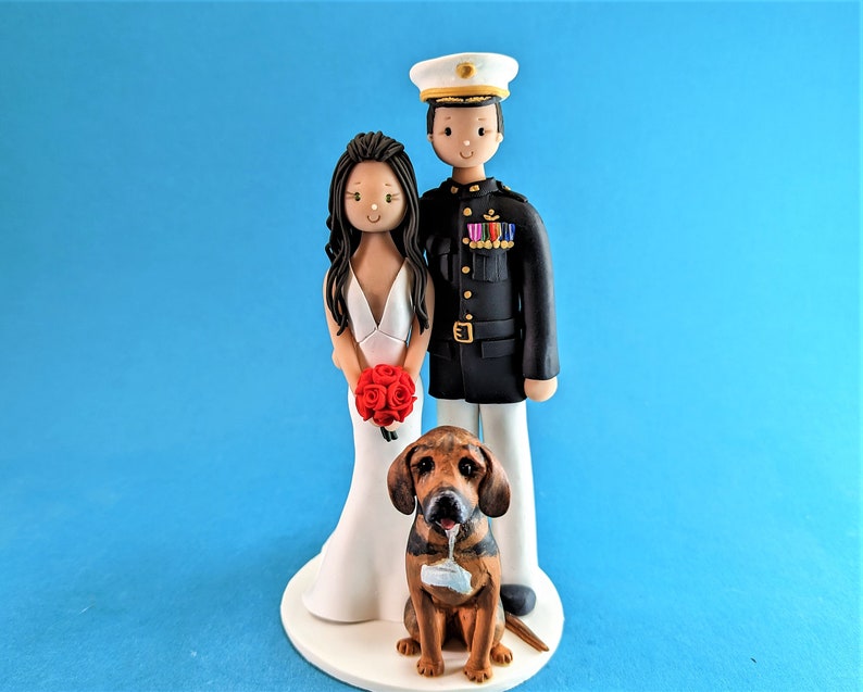 Bride & Groom with a Dog Custom Made Military Wedding Cake Topper By MUDCARDS image 1