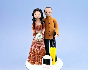 engagement gift - Bride In Saree & Groom Welder Custom Made Wedding Cake Topper - By MUDCARDS