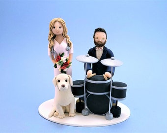 Nurse & Drummer with a Dog Custom Made Wedding Cake Topper - By MUDCARDS
