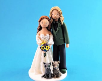 Wedding cake toppers Bride & Groom with Cats Custom Handmade Wedding Cake Topper - By MUDCARDS