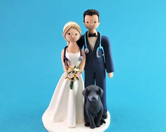 Doctor & Nurse with a Dog Customized Wedding Cake Topper - By MUDCARDS