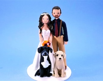Bride & Groom with Dogs Customized Wedding Cake Topper - By MUDCARDS