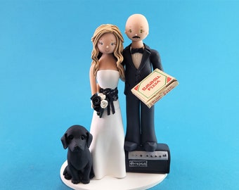 Bride & Short Groom on an Amp with Pizza and a Dog Custom Wedding Cake Topper - By MUDCARDS