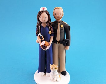 Nurse & Sheriff's Deputy with a Cat Customized Wedding Cake Topper - By MUDCARDS