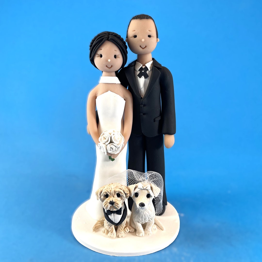Custom Wedding Cake Topper - Bride and Groom With Pets Handmade ...