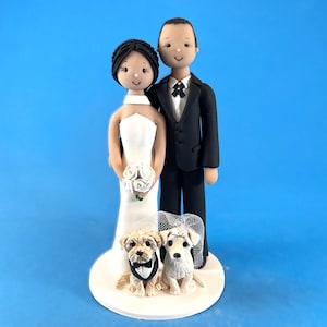 custom wedding cake topper - bride and groom with pets handmade figurines