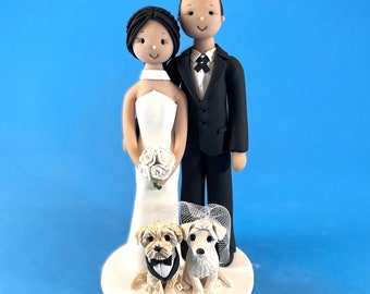 custom wedding cake topper - bride and groom with pets handmade figurines