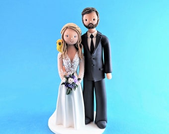 Bride & Groom with a Parrot Custom Handmade Wedding Cake Topper - By MUDCARDS