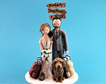 Bride & Groom with a Dog Custom Made Hiking Theme Wedding Cake Topper - By MUDCARDS