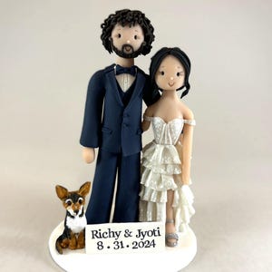 custom bride and groom with dog wedding cake topper - handmade by MUDCARDS