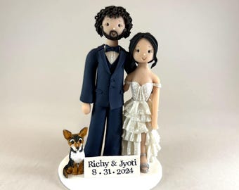 custom bride and groom with dog wedding cake topper - handmade by MUDCARDS