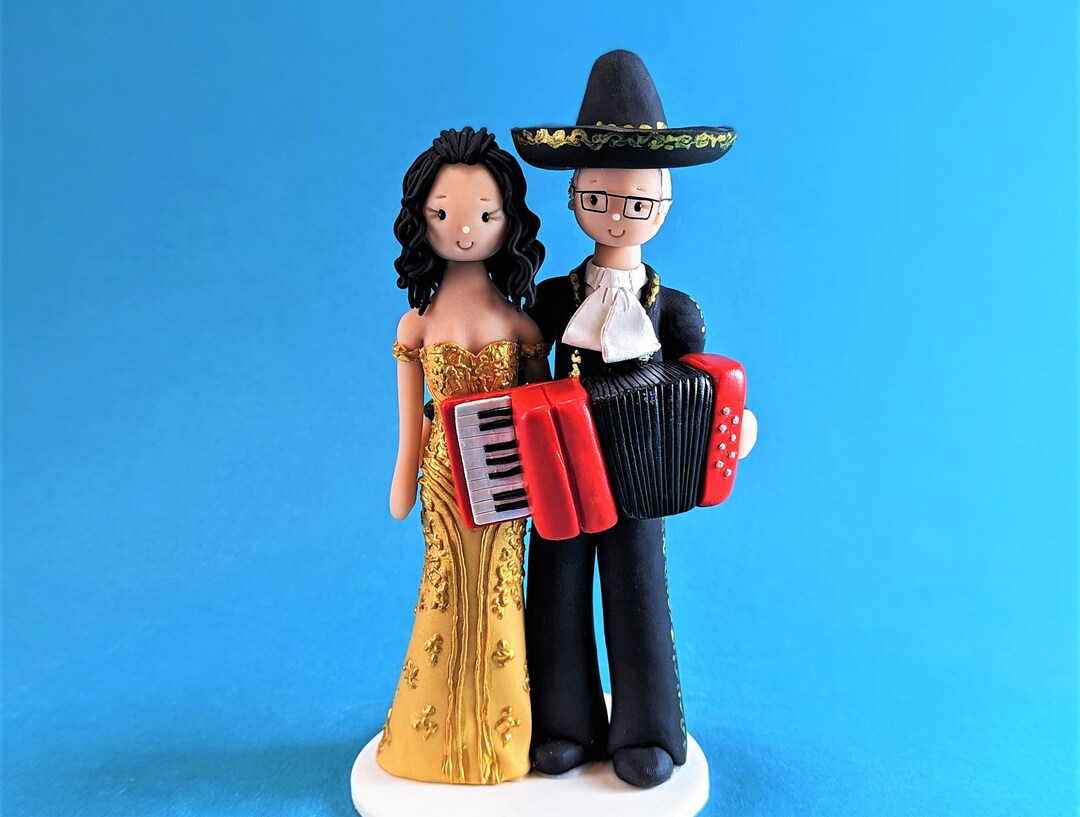 Bride & Groom Custom Made Mariachi Accordion Player Wedding Cake Topper