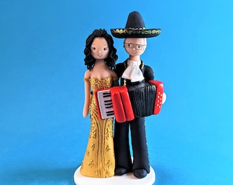 Bride & Groom Custom Made Mariachi Accordion Player Wedding Cake Topper - By MUDCARDS