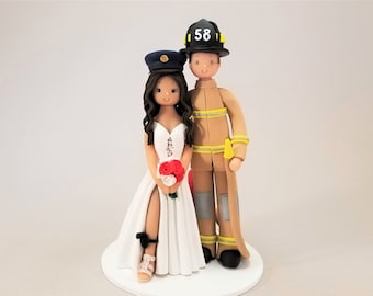 Policewoman & Fireman Wedding Cake Topper - Customized By Mudcards