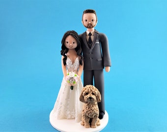 Bride & Groom with a Goldendoodle Customized Wedding Cake Topper - By MUDCARDS