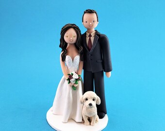 Bride & Groom with a Dog Custom Handmade Wedding Cake Topper - By MUDCARDS
