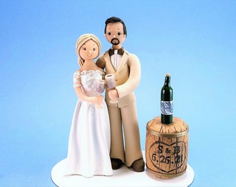 Bride & Groom Custom Handmade Wine Theme Wedding Cake Topper - By MUDCARDS