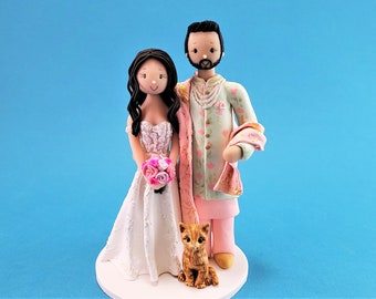 Bride & Groom in Traditional Indian Sherwani and a Cat Custom Made Wedding Cake Topper - By MUDCARDS