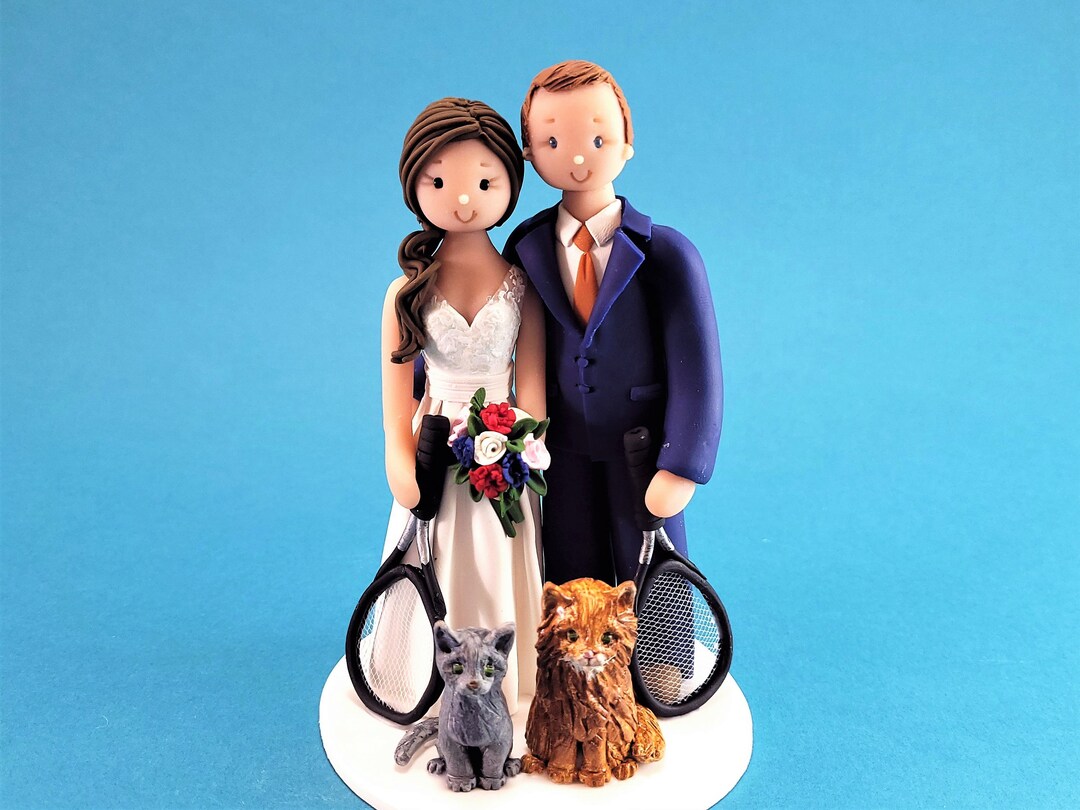 Custom cake topper Bride & Groom Tennis Players with Cats Customized ...