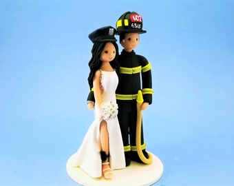 Policewoman & Fireman Custom Handmade Wedding Cake Topper - By MUDCARDS