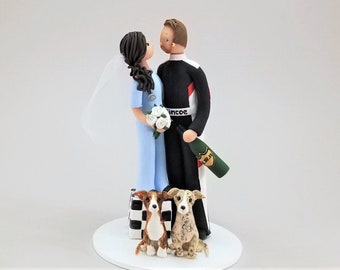 engagement gift - Nurse & Race Car Driver with Dogs Custom Made Wedding Cake Topper - by Mudcards