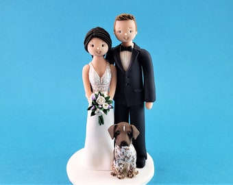 Bride & Groom with a Dog Custom Handmade Wedding Cake Topper - By MUDCARDS