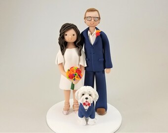 Bride & Groom with a Dog Customized Wedding Cake Topper by MUDCARDS