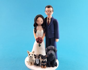 Bride & Groom with Pets Custom Wedding Cake Topper - By MUDCARDS